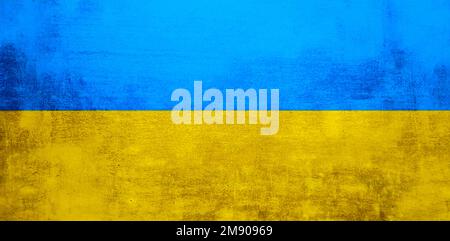 The wall is in the colors of the Ukrainian national flag - blue and yellow. Abstract texture background of concrete stone wall. Ukrainian flag on a Stock Photo