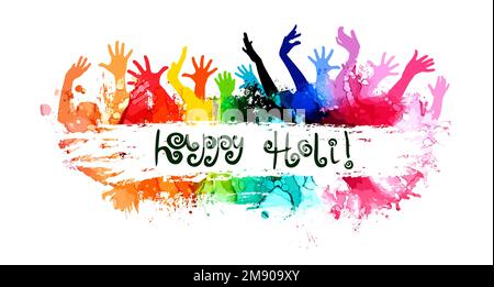 Indian festival happy holy festival, colorful poster, banner background. Multicolored hands raised up. Vector illustration Stock Vector