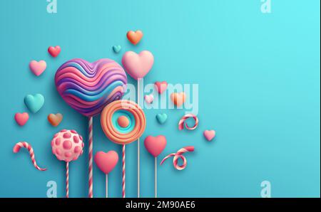 Happy Valentines Day greeting with candy, sweets, heart shaped lollipops. 3d realistic scene Cosmetic Products and Tropical Palm Leaves. Web Site Stock Vector