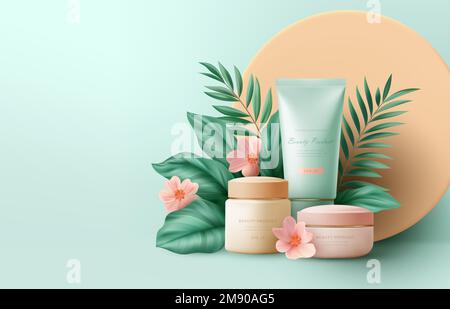 3d realistic scene of Cosmetic Products and Tropical Palm Leaves. Web Site Design, Cosmetics Store Page Landing. Vector illustration Stock Vector