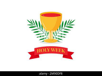 Christian greeting card or banner of the Holy Week before Easter. Wine, palm branches, red ribbon on white background. Vector illustration Stock Vector