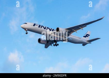 Finnair's Airbus 350 plane is landing in Helsinki Airport, Finland - January 7 2018 Stock Photo