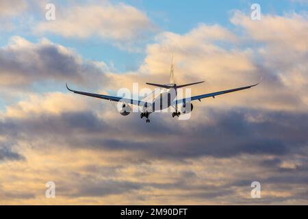 Finnair's Airbus 350 plane is landing in Helsinki Airport, Finland - January 7 2018 Stock Photo