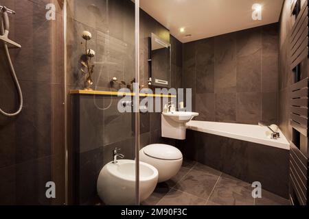 Contemporary modern tiled bathroom with dark tiled walls, heated towel rail and modern fittings Stock Photo