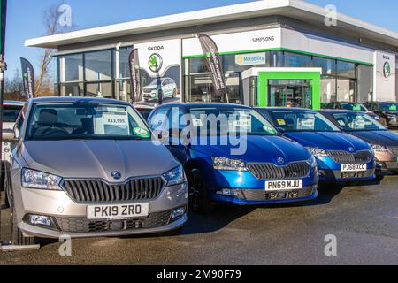 2019 Beige Škoda Fabia SE TSI S-A; Skoda cars: Garage forecourt dealership in Preston Lancashire, UK Stock Photo