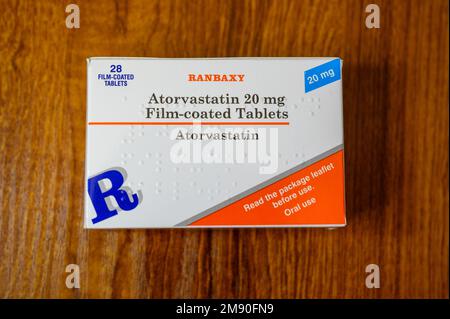 Atorvastatin 20 mg film coated tablets for the control of cholesterol levels. Stock Photo