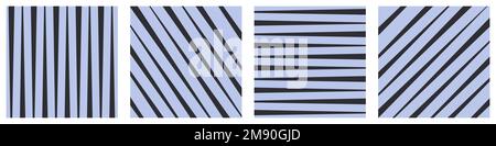 Set of simple square patterns from unstable width strips. Horizontal vertical and diagonal lines background. Minimalistic templates. Vector illustration. Stock Vector