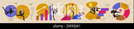 Contemporary art collage. Conceptual flyer. Professional and personal growth of employee. Worker, man making way to success Stock Photo