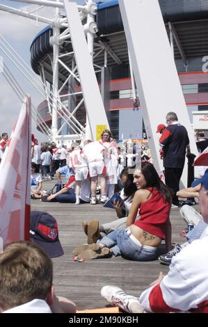 Fans and crowd at the Rugby League Challenge Cup Final, St Helens v Wigan, Cardiff Millennium Stadium, May 15 2004. PICTURE: ROB WATKINS Stock Photo