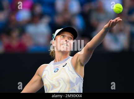 Melbourne, Australia. 16th Jan, 2023. Iga Swiatek of Poland serves during the women's singles 1st round match against Jule Niemeier of Germany at Australian Open tennis tournament, in Melbourne, Australia, on Jan. 16, 2023. Credit: Guo Lei/Xinhua/Alamy Live News Stock Photo