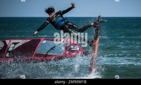 Leucate, France – April 29 & 30, 2022: World Wind Championship preparation and training of athletes in kitesurf, wingsurf, windsurf in Leucate-La Fran Stock Photo