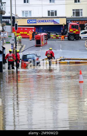 Hastings, East Sussex, 16 January 2023. Heavy rain and blocked storm drain to the sea causes major flood in Hastings Town Centre, causing disruption, closing Priory Meadow shopping centre and flooding homes.An eel was spotted swimming through the town centre.  Carolyn Clarke/Alamy Live News Stock Photo