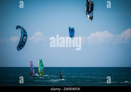 Leucate, France – April 29 & 30, 2022: World Wind Championship preparation and training of athletes in kitesurf, wingsurf, windsurf in Leucate-La Fran Stock Photo