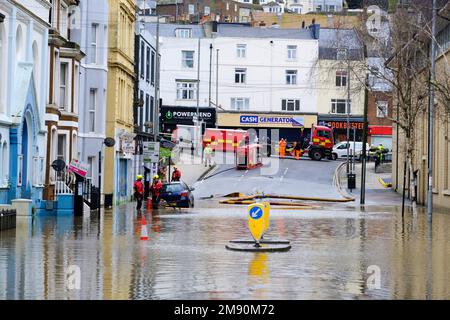 Hastings, East Sussex, 16 January 2023. Heavy rain and blocked storm drain to the sea causes major flood in Hastings Town Centre, closing Priory Meadow shopping centre and flooding homes. C.Clarke/Alamy Live News Stock Photo