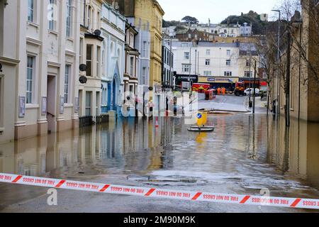 Hastings, East Sussex, 16 January 2023. Heavy rain and blocked storm drain to the sea causes major flood in Hastings Town Centre, closing Priory Meadow shopping centre and flooding homes.An eel was spotted swimming through the town centre. Carolyn Clarke/Alamy Live News Stock Photo