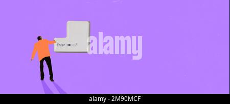 Contemporary art collage. Man pushing on huge keyboard button enter. Retro, vintage style. Old-fashioned and modern technology. Social network Stock Photo