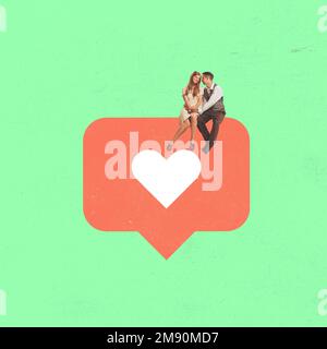Contemporary art collage. Couple in love sitting on huge red sign. Retro, vintage style. Minimalism. Old-fashioned and modern technology. Social Stock Photo