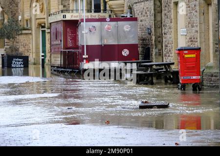 Hastings, East Sussex, 16 January 2023. Heavy rain and blocked storm drain to the sea causes major flood in Hastings Town Centre, causing disruption, closing Priory Meadow shopping centre and flooding homes. An eel was spotted swimming through the town centre. C.Clarke/Alamy Live News Stock Photo