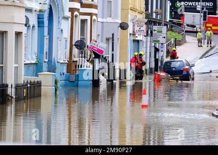 Hastings, East Sussex, 16 January 2023. Heavy rain and blocked storm drain to the sea causes major flood in Hastings Town Centre, causing disruption, closing Priory Meadow shopping centre and flooding homes. An eel was spotted swimming through the town centre. Carolyn Clarke/Alamy Live News Stock Photo