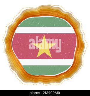 Suriname flag in frame. Badge of the country. Layered circular sign around Suriname flag. Charming vector illustration. Stock Vector