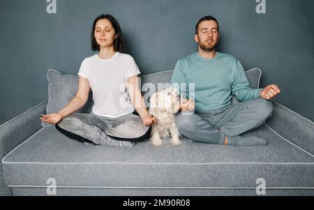 Yong couple practicing yoga Lotus pose and meditating sitting on sofa with their white dog at home. Relax, well being concept Stock Photo