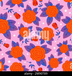 Seamless floral pattern with red roses on a pink background. For fabric design, wallpapers, backgrounds, scrapbooking, packaging, wrapping paper, etc. Stock Vector