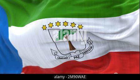 National flag of Equatorial Guinea waving in the wind. The Republic of Equatorial Guinea is a Central African State. Rippled fabric. Textured backgrou Stock Photo