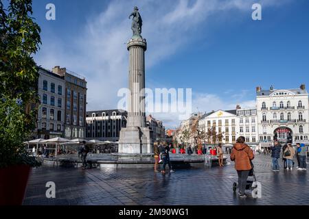 November 4, 2021 - Lille, France: La Grande Place, has a Flemish architecture similar to Belgium. Standing in the center of the squares stands the Goddess as the memory of the Austrian siege in 1792 Stock Photo
