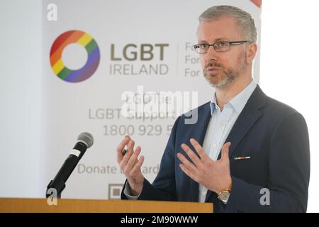 Roderic O'Gorman Minister for Children, Equality, Disability, Integration speaking at the launch at the Irish Human Rights and Equality Commission in Dublin of the LGBT Ireland Strategic Plan 2023-2027. Picture date: Monday January 16, 2023. Stock Photo