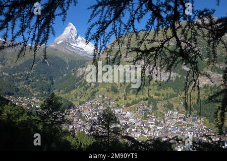 The Matterhorn peak over the Mattertal valley and Zermatt. Stock Photo