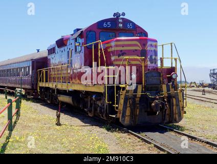 Mendocino Railway (the Skunk Train), is a heritage railroad in Mendocino County, California with this line from Fort Bragg along Pudding Creek. Stock Photo