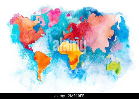 Map of the world with oceans and seas. Watercolor hand drawn Stock ...