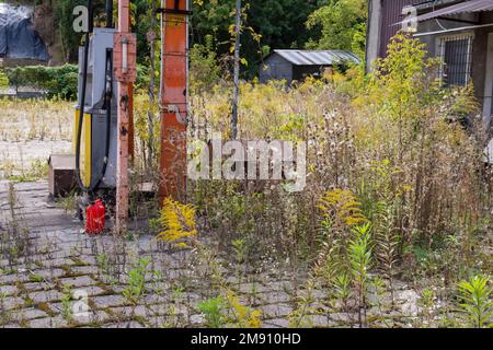 Old rusty gas station and dispensers abandoned and overgrown with vegetation on a sunny day. Summer. Stock Photo