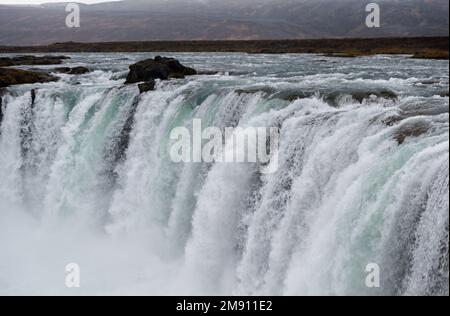 Godafoss Waterfall in Iceland. Wide Angle with Water Spray Stock Photo