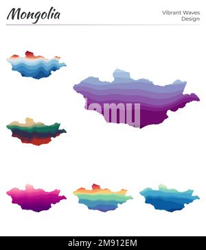 Set of vector maps of Mongolia. Vibrant waves design. Bright map of country in geometric smooth curves style. Stock Vector