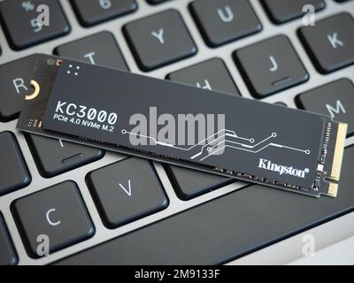 Galati, Romania - December 29, 2022: Presenting the new Kingston KC3000 PCIe 4.0 NVMe M.2 SSD to the market Stock Photo