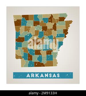 Arkansas map. Us state poster with regions. Old grunge texture. Shape of Arkansas with us state name. Amazing vector illustration. Stock Vector