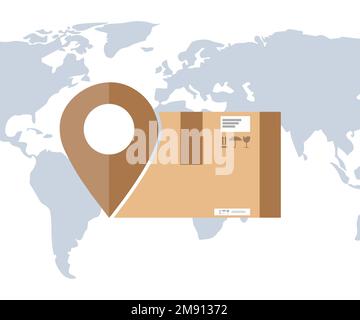 Delivery service or shipping and global logistic concept logo design. Quick and fast cargo shipment, cardboard box over the world map  vector design. Stock Vector