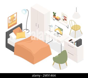 Student dormitory isometric set of furniture items and teens characters ...