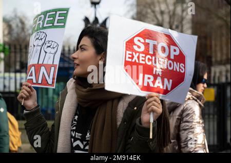 On January 14th 2023 a group of Iranians demonstrate opposite Downing Street for change in Iran and against execution. Stock Photo