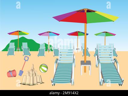 Paper beach umbrellas and chair on a white background. Isolated background. Stock Vector