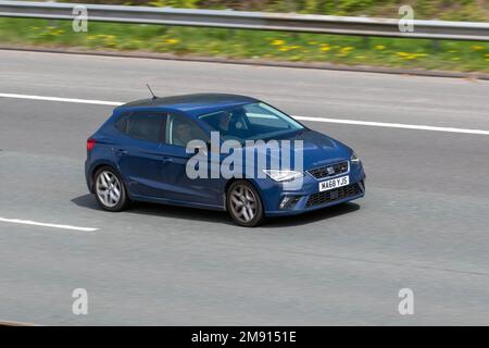2018 Blue SEAT IBIZA TSi FR 999cc Petrol; travelling on the M61 motorway UK Stock Photo