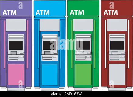 ATM bank cash machine on white background. Set of ATM machines from different sides. Isolated vector illustration Stock Vector