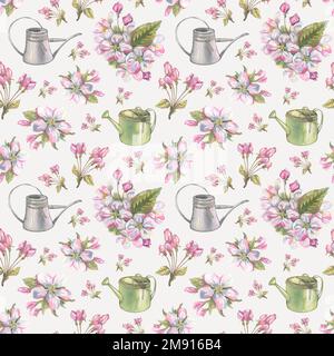 The flowers and buds of the apple tree are pink with garden watering cans. Watercolor illustration. Seamless pattern from the APPLE TREE collection Stock Photo