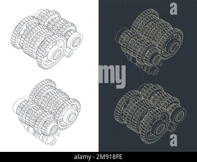 Stylized vector illustration of isometric blueprints of sequential transmission gearbox Stock Vector