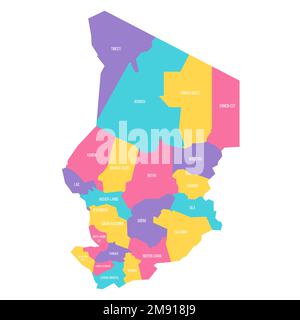 Chad political map of administrative divisions - regions. Colorful vector map with labels. Stock Vector