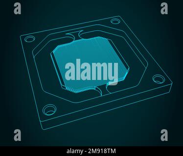 Stylized vector illustrations of CPU water cooling block base with micro channels Stock Vector