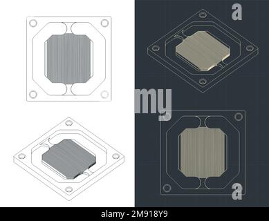 Stylized vector illustrations of blueprints of CPU water cooling block base with micro channels Stock Vector