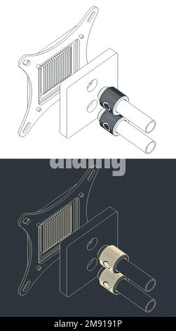 Stylized vector illustrations of isometric blueprints of disassembled water block of liquid cooling system of CPU Stock Vector