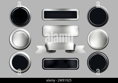 Silver and black circle seal premium stamp sticker, tag label, vector badge set. Stock Vector